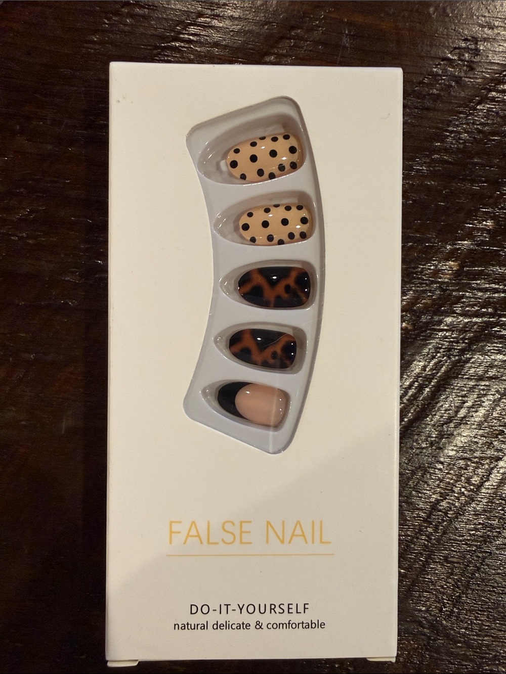 False Nail Set – Beige and Black Leopard & Polka Dot Designs